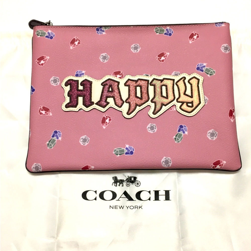 Coach Disney Large Wrislet Clutch Happy Pouch Glitter Pink